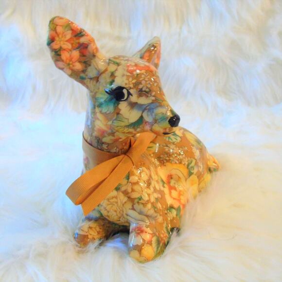 Decoupage Deer Figurine Floral Doe Fawn Lying Down Gold Cream Brown 7" Decor Vtg - Picture 2 of 6